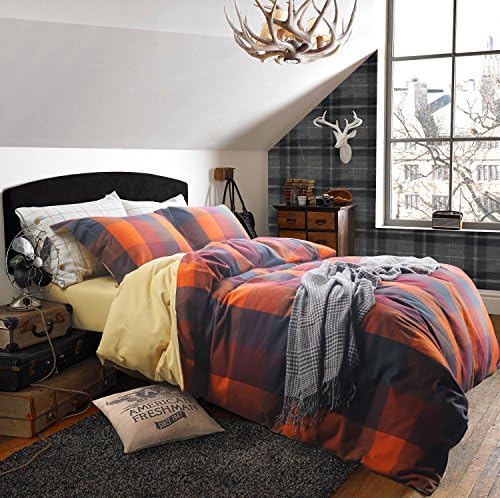 UFO Home 100% Cotton Flannel 3pc Duvet Cover Set, Yarn-dyed Bedding Set, 600 Thread Count High Percale, Purple Orange Red Square Plaid, Button Close Inside Ties Machine Washable (Full, Raman-WL)