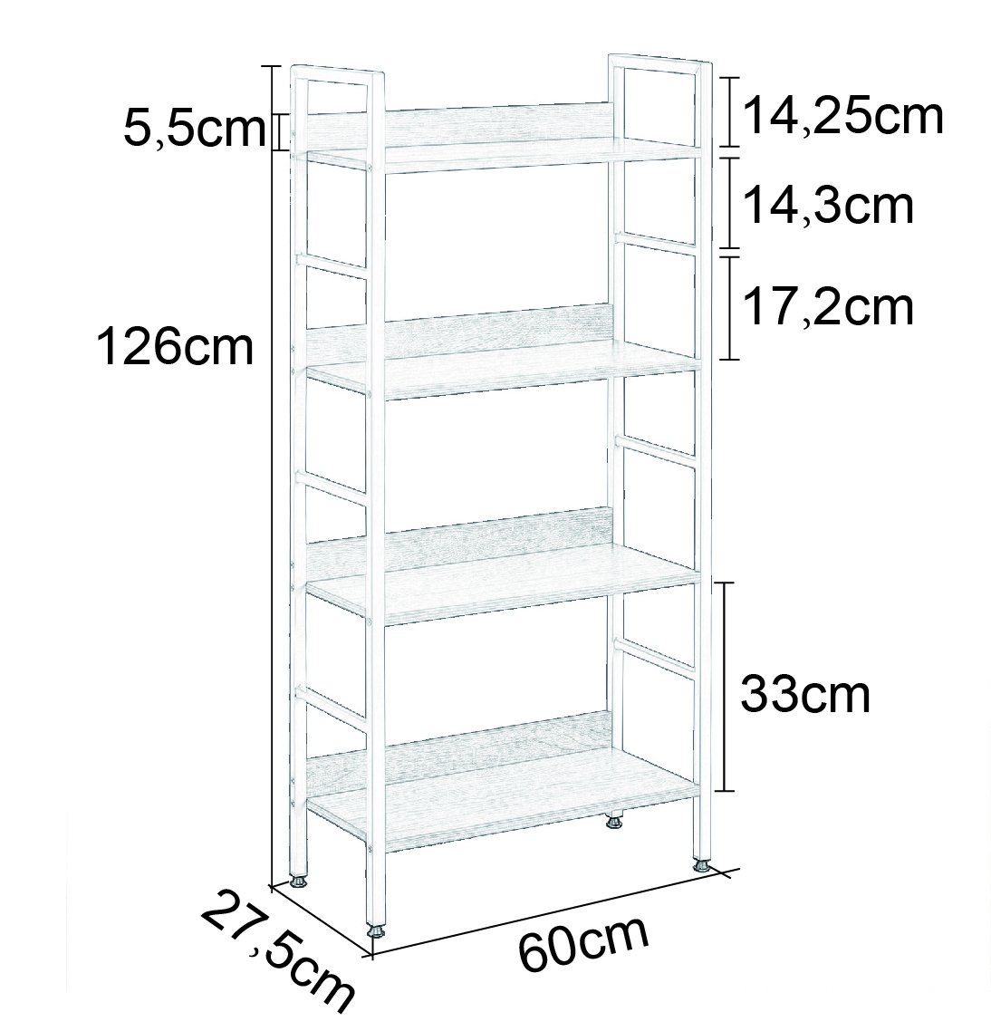 WOLTU Standregal mit 4 Ablagen Bücherregal Küchenregal Badregal aus Holz und Metal, Regale für den Abstellraum 60 x 27,5 x 126 cm Weiß + Hell Eiche RGB9304hei 4