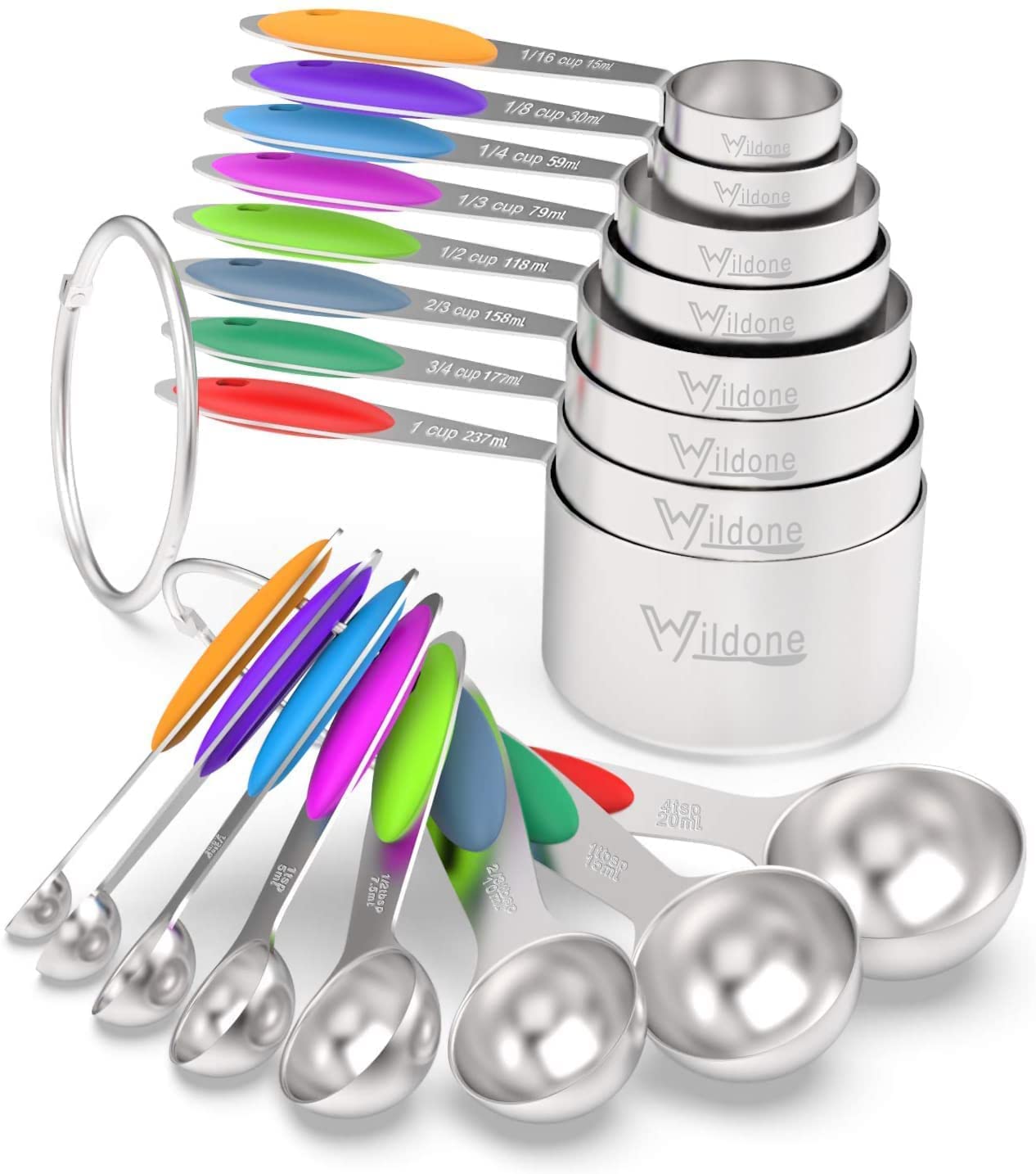 Measuring Cups & Spoons Set of 18 - Wildone Premium Stainless Steel Measuring Cups and Measuring Spoons with Colored Silicone Handle, Including 8 Nesting Cups, 8 Measuring Spoons Stackable, 2 O-Rings