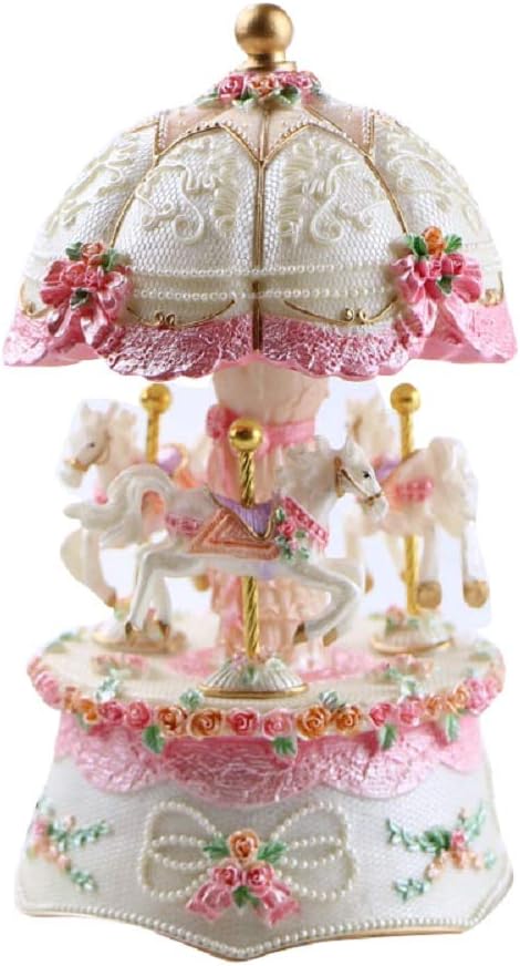 SLHP Carousel Music Box 3 Horse LED Light Luminous Rotating Carousel Artware Valentine Birthday Gift Melody Castle Baby Girl Musicals Presents (White)