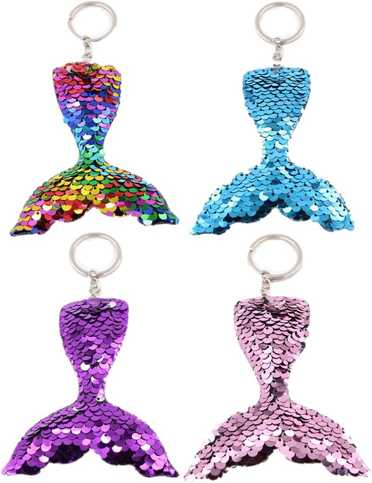 Acewen 4Pcs Mermaid Tail Keychain Sequins Key Rings Cute Hanging Pendant for Kids School Bag Backpack Keychain Novelty Toy School Prize Gifts Party Gift Supplies