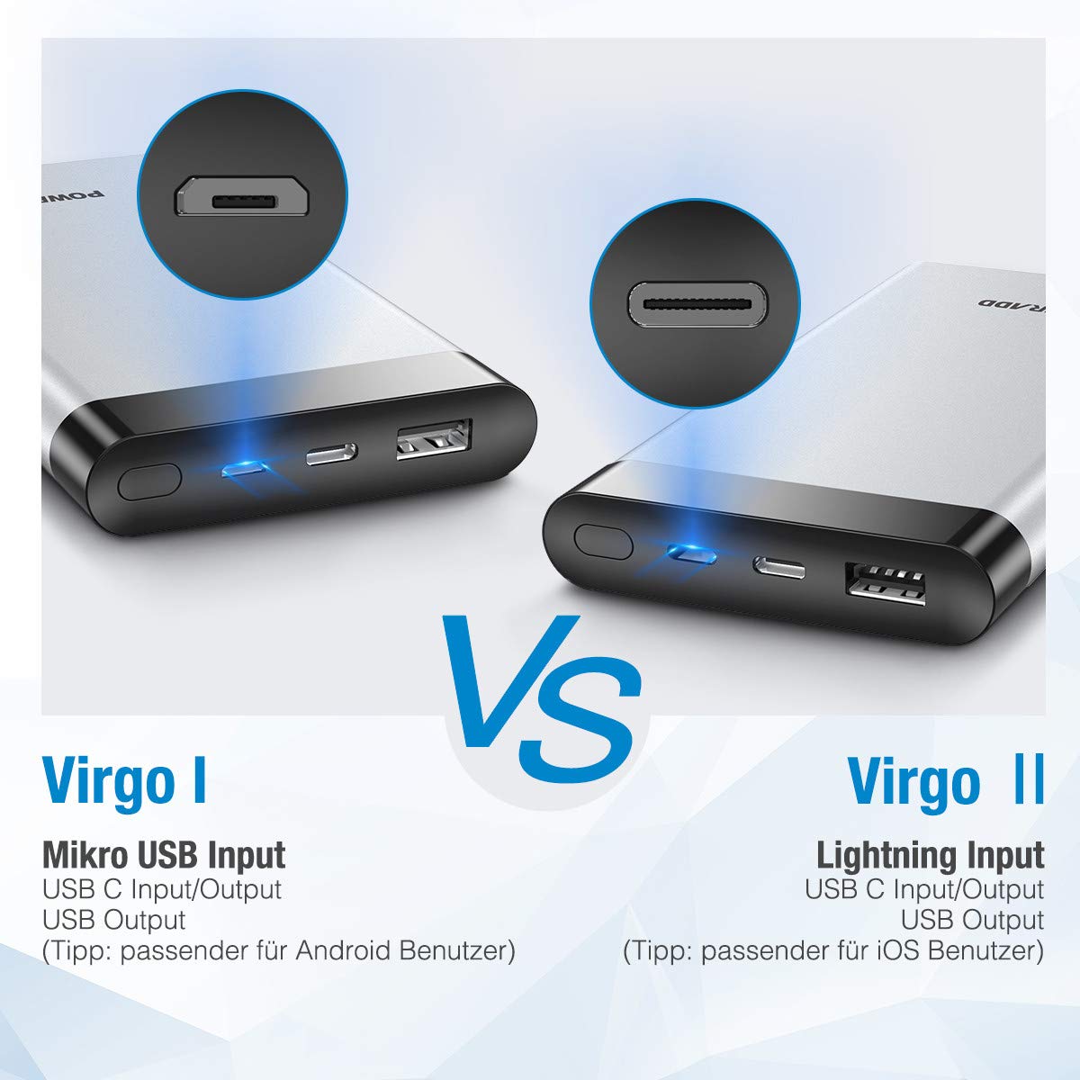 Poweradd VirgoⅡ Powerbank 10000mAh, Externer Akku mit LED Digitalanzeige , 1 USB C ( Input / Output ) Port , 1 Lightning Input und 1 USB Output , superschnelles Laden für iPhone X / 8 / 7 / 6s , Huawei mate 9 , mate 10 , P9 , P10 , P20 , Sa