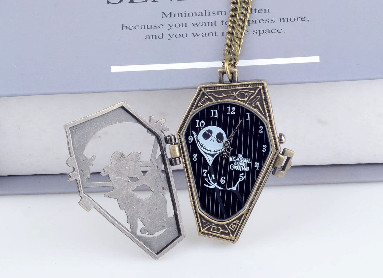 Ddjbdb Quartz Pocket Watch with Necklace Chain, Hollow Night-mare Design Mens Christmas Halloween Pocket Watches,Gift for Men Son with Box Bronze