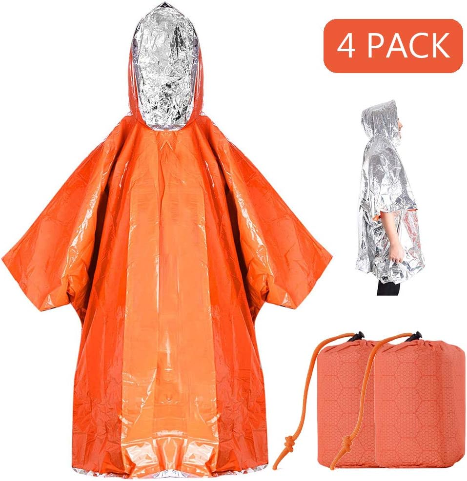LadyRosian Emergency Blankets Poncho 4 Pack - Raincoat for Camping Any Outdoor Activity - Keeps Dry and Warm Blanket Poncho - Aluminum Membrane Raincoat Disposable: Kitchen & Dining