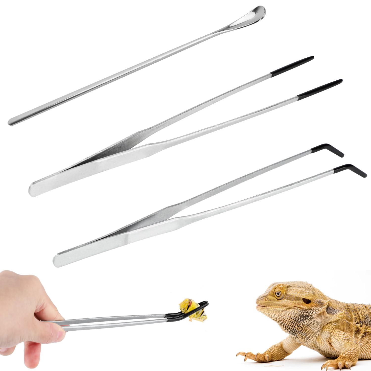 3pcs Reptile Feeding Tongs, Reptile Feeding Tweezers with Rubber Tip Straight Clip Curved Clip Spoon Long Aquarium Tweezer for Terrarium Lizard Spider Snake Tank Accessories for Reptile Lovers