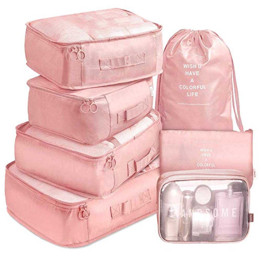 7 Pack Packing Cubes Value Set for Travel Luggage Organiser Bag Compression Pouches Clothes Suitcase Packing Organizers Set with Toiletry Bag (Pink)