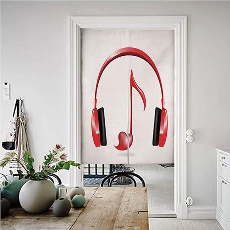 Amazon 音楽の装飾 のれん おしゃれ 遮光 72幅x150丈cm ハート型キーノートメロディーファンシーアートフルとラブサウンドヘッドフォン 和風暖簾べ麻風キチンリビングロングカーテン のれん オンライン通販