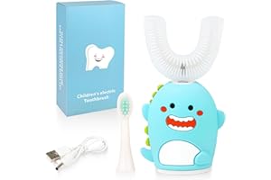 Renaelelife Kids Sonic Electric Toothbrush U Shaped Automatic Timer IPX7 Waterproof 5 Modes 360° Oral Cleaning Teeth Whitening Gums Massage Replaceable Soft Cartoon for 7-15 (Blue Dinosaur)