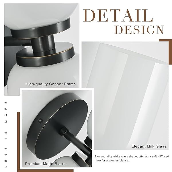 FONTA VERDE COPPER 2-LIGHT VINTAGE WALL SCONCES, MATTE BLACK VINTAGE WALL SCONCE LIGHT, WHITE FROSTED GLASS MODERN BATHROOM SCONCES, WALL SCONCE FOR BEDROOM, BATHROOM, INDOOR