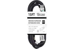 YOJOE 15 Foot Black Extension Cord, Lighted Outdoor 12/3 Cord, 12 Gauge 3 Prong SJTW Heavy Duty Extension Cable with 3 Prong Grounded Plug for Safety, UL Listed
