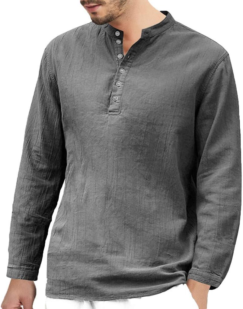 NUWFOR Men's Baggy Cotton Linen Long Sleeve Button Retro V Neck T Shirts Tops Blouse(Gray,US XXL Chest:50.8")