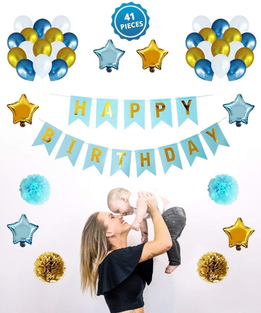 Mahogany Life Set - 1 Happy Birthday Banner, 6 Star Shaped Foil, 4 Paper Flowers, 30 Latex Balloons, Multicolour (Total 41 Piece Set)