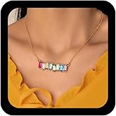 Jugielu Boho Rainbow Gemstone Square Necklace Gold Crystal Square Pendent Necklace Colorful Cz Necklaces Gemstone Bar Necklaces Crystal Horizontal Jewelry for Women