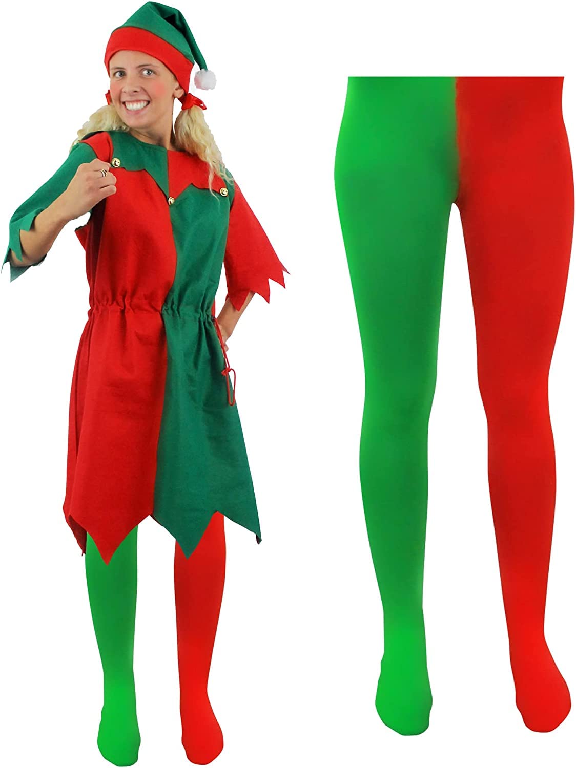 MENS & WOMENS CHEEKY ELF FANCY DRESS COSTUME. CHRISTMAS ELF COSTUME FOR MEN & WOMEN IN RED & GREEN WITH JINGLE BELLS, ELF TIGHTS, AND ELF HAT (SMALL)