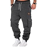 A WATERWANG Men's Fleece Cargo Sweatpants Casual Cotton Tapered Drawstring Athletic Workout Joggers Sweat Pants with Pockets