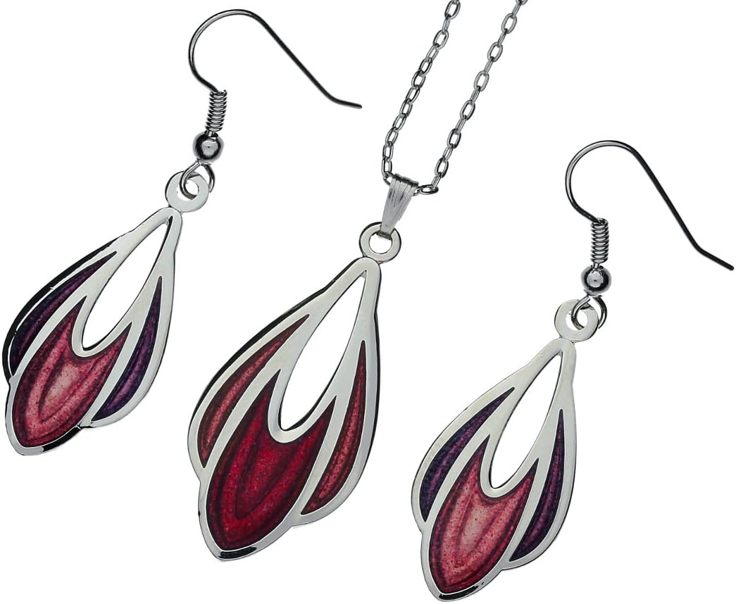 UNYKTOUCH Glass Enamelled Rhodium Plated Celtic Mackintosh Red Tulip Pendant & Earrings Set