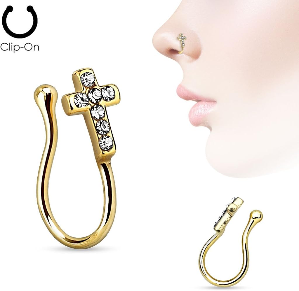 Fake Nose Ring Cross with Clear Gems Gold Ip Non Piercing Nose Clip