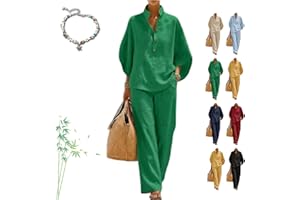 Women’s Batwing Sleeve Linen Cotton Two-Piece Set – Casual Shirt & Wide Leg Pants Outfit Plus Size Travel Lounge Set