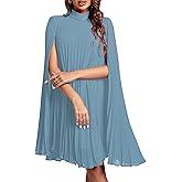 Rooscier Women's Mock Neck Cloak Sleeve Pleated Keyhole Back Flowy Party Midi Dress