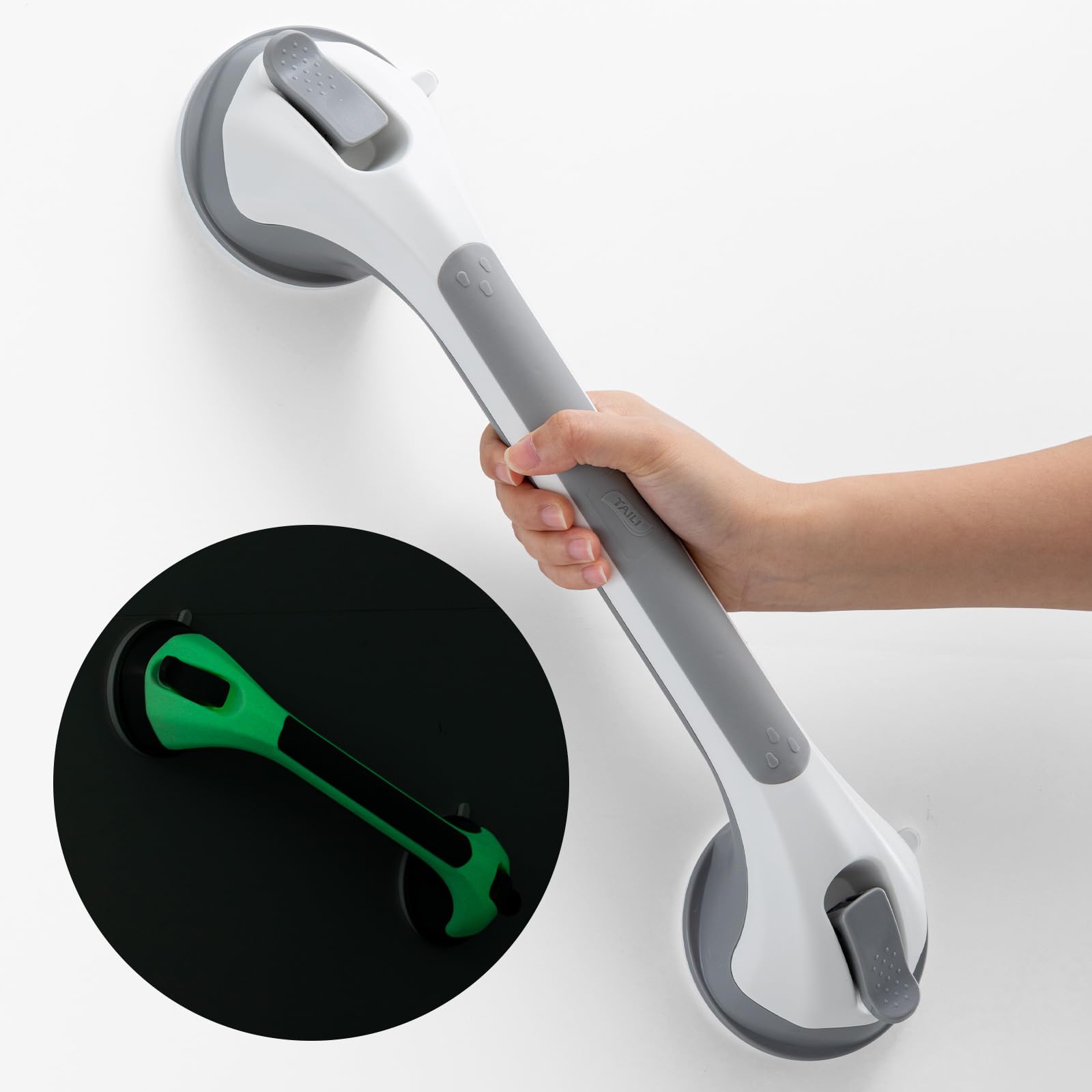 Photo 1 of TAILI Shower Grab Bar Glow in The Dark, 16.8 in Grab Bars for Bathtubs, Shower Handles Bath Rails for Seniors and Elderly, Bathroom Safety Grip Removable No Drilling Waterproof Grey