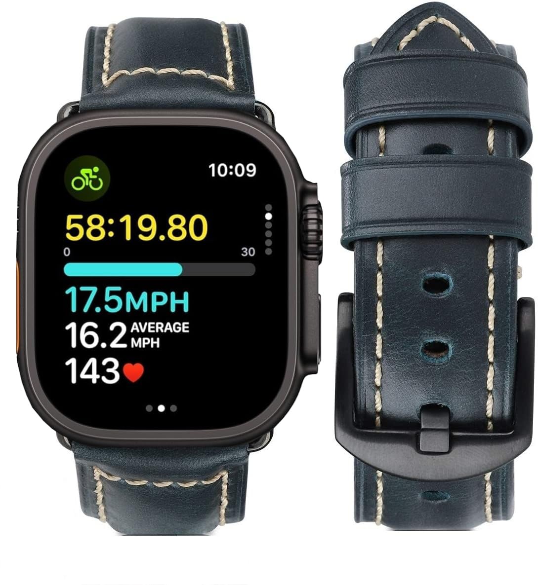 HUAFIY Leather Strap for Apple Watch Strap 49mm 45mm 44 mm 42 mm 38 mm 40 mm, Men's Women's Replacement Original Leather Strap for iWatch Series 7 6 5 4 3 2 1, (Blue/Black Buckle42mm44mm45mm)