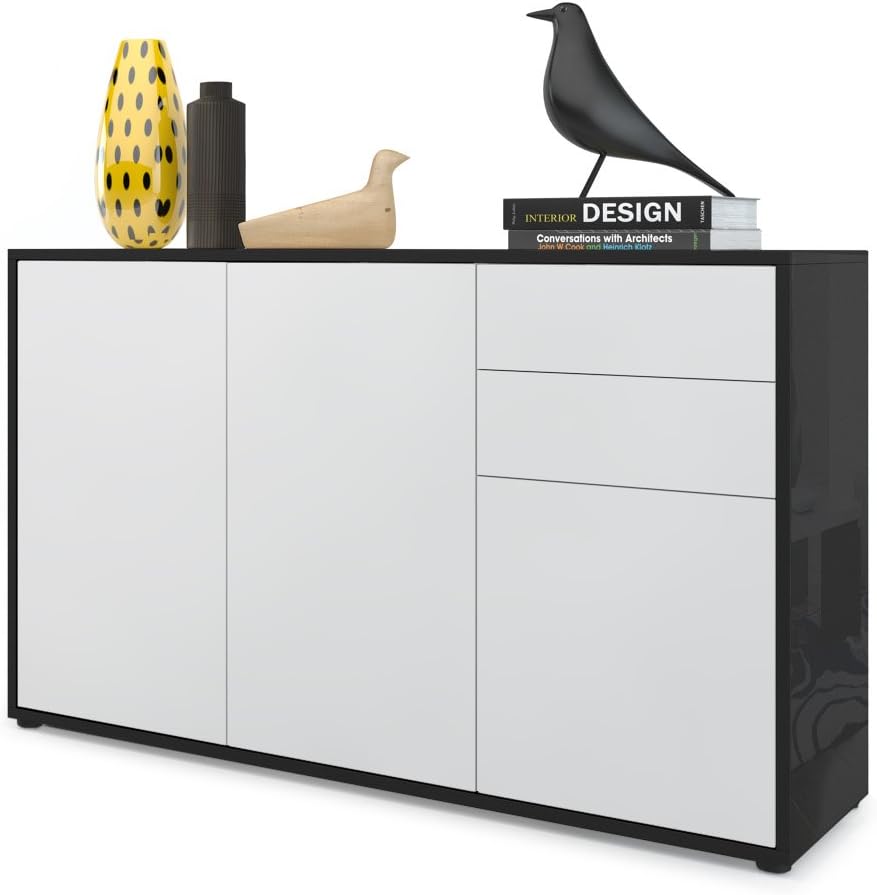 Vladon Cabinet Chest of Drawers Ben V3, Carcass in Black High Gloss/Front in White matt