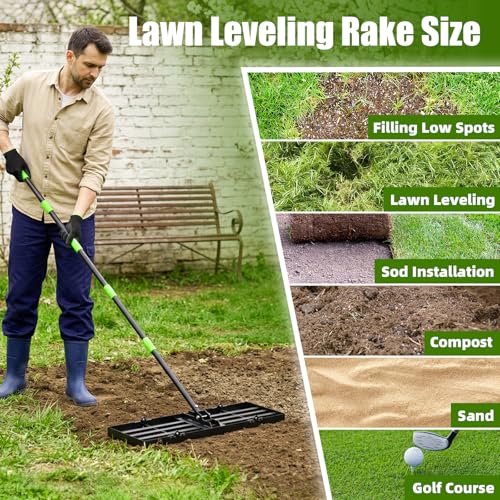 GARDTECH 30x10 Inch Lawn Leveling Rake Heavy Duty Adjustable Handle Yard Tool – Reinforced Steel Landscape Rake for Lawn Leveling, Soil Grading, Golf Course & Backyard Care