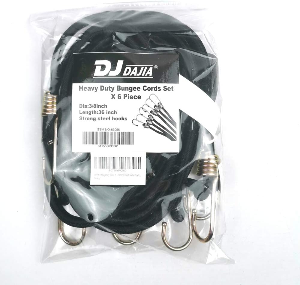 Dajia Heavy Duty Black Bungee Cords with Hooks 3/8"x 36" 10mm Industrial Bungee Cord x 6piece (Pack of 6) Premium Quality Bungee Cord Assortment Metal Hooks - - 