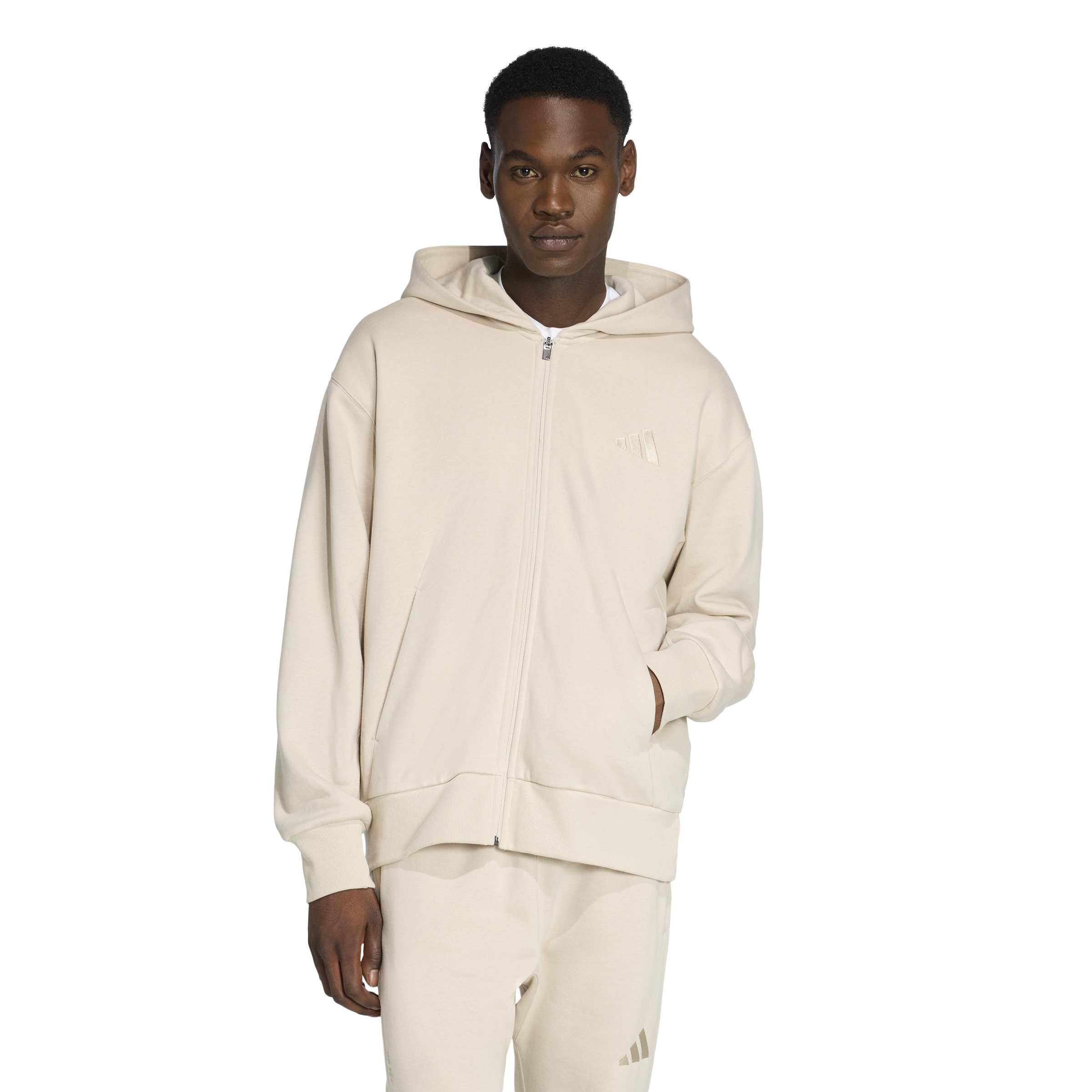 adidas Men’s All SZN Fleece Full-Zip Hooded Track Top, Crystal Linen, Medium
