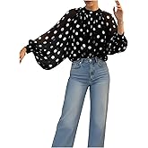 Floerns Women's Polka Dots Bishop Sleeve Shirts Tie Neck Mesh Dressy Casual Blouse Tops