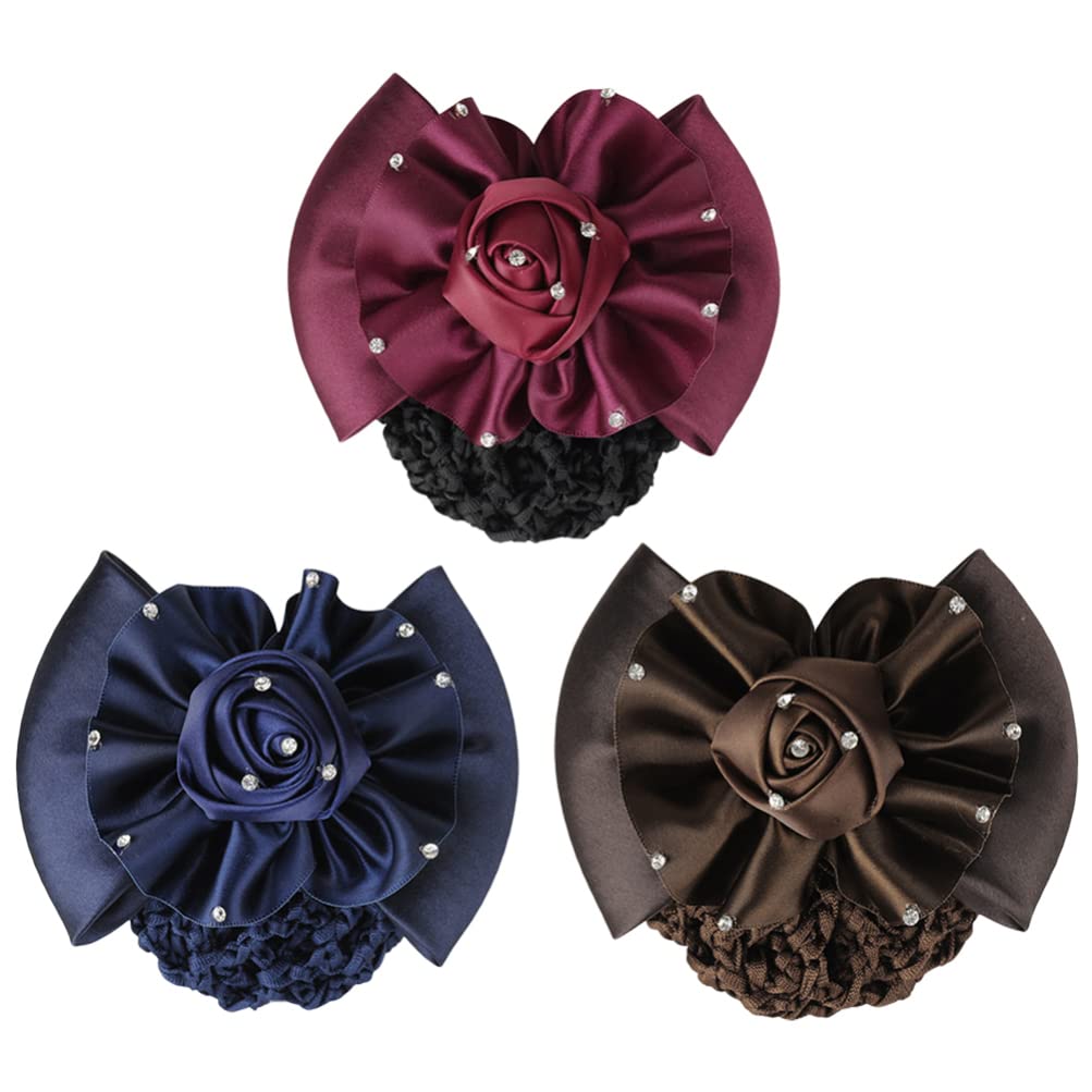 minkissy 3pc Hair Net Barrette with Bow Hair Clip Bun Cover Headdress Accessories for Lady Women Girls Nurses Hotel Staff