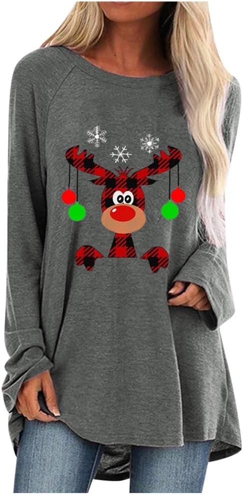 OUICE 2021 Christmas Elk Sweatshirts for Women,Round Neck Shirts Plus Size 5XL Fashion Tshit Print Elegant Casual Spring Blouses Xmas Tunic Tops Loose Long Sleeve Comfort Blouses