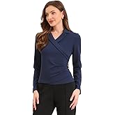 Allegra K Wrap Tops for Women V Neck Long Sleeve Knitted Elastic Ruched Waist Elegant Office Shirts