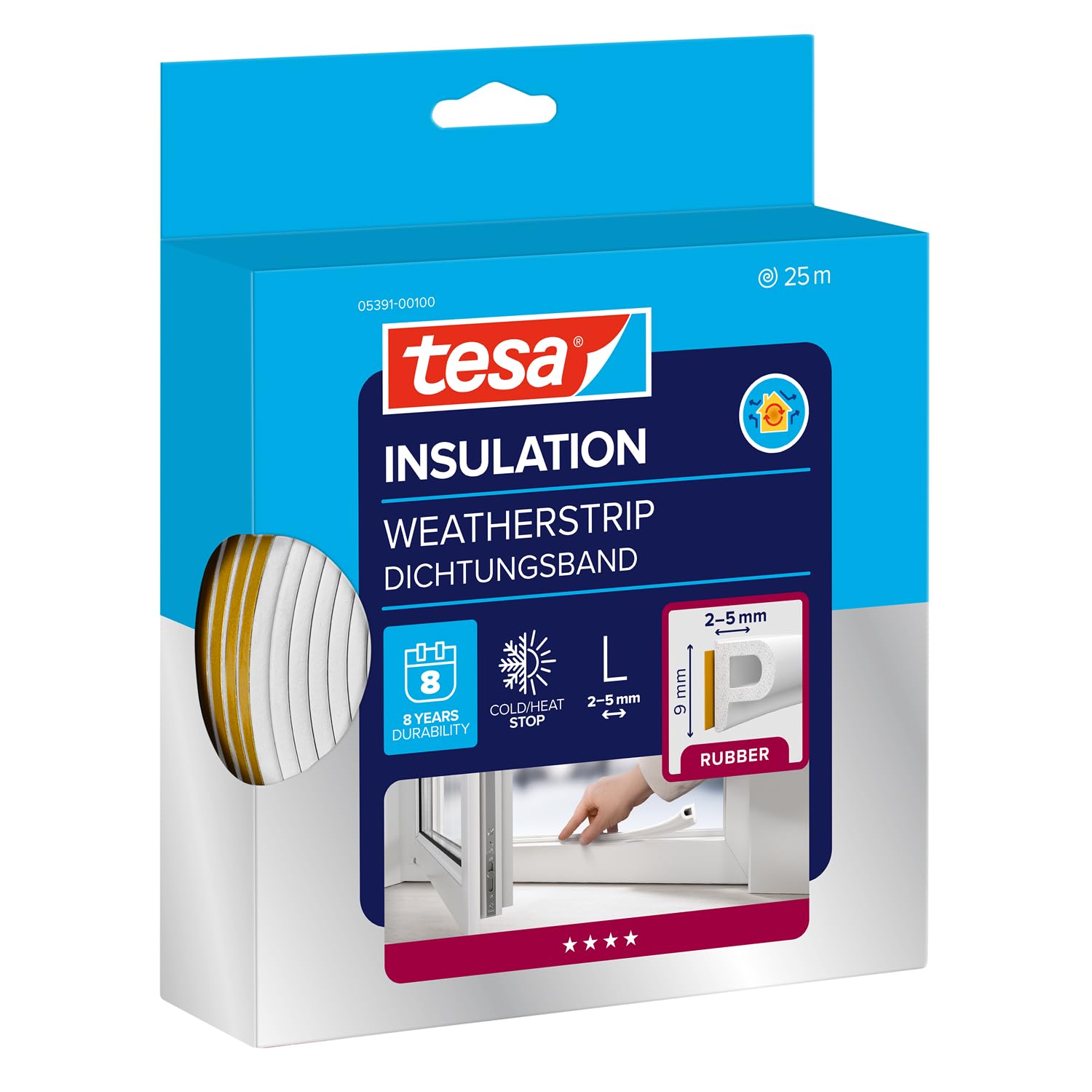 tesamoll P-Profile Seal - Self Adhesive Rubber Draught Excluder for Insulating Gaps in Windows and Doors - White - 25 m x 9 mm x 5.5 mm