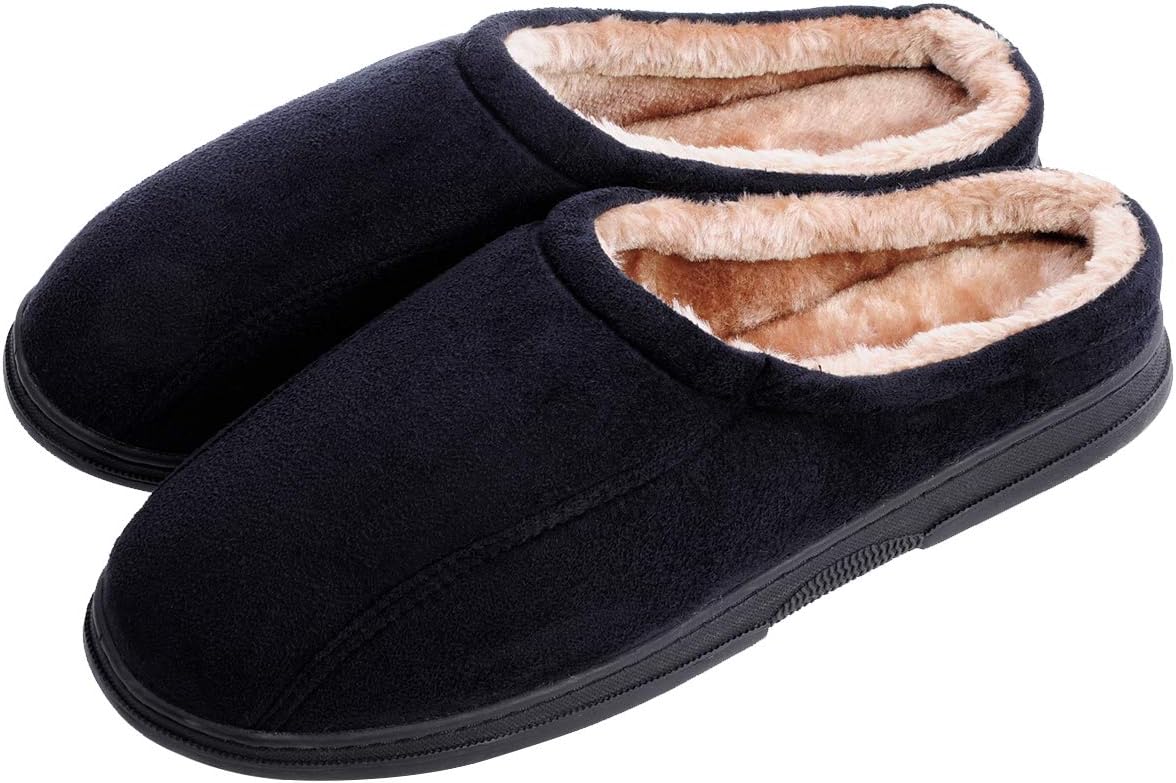 festooning Men's Comfort Memory Foam Slippers Fuzzy Plush Slip-on Clog House Shoes Indoor & Outdoor Sole (Mens 9.5-10.5 D(M) US/L, Black Brown Liner)