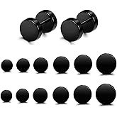 FIBO STEEL 6 Pairs Stainless Steel Black Stud Earrings for Men Women Faux Gauges Ear Tunnel Fake Gauge Earrings 3-8mm
