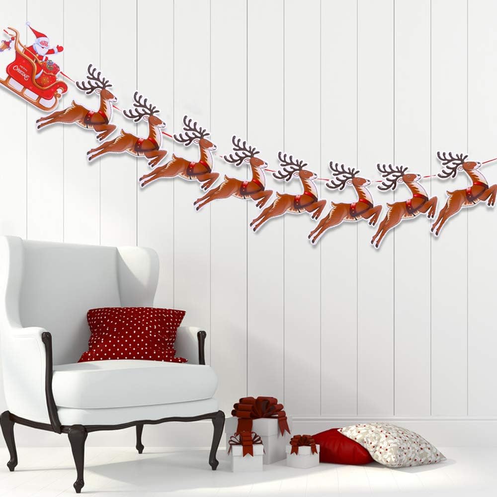 VEYLIN Christmas Reindeer Bunting, Santa Sleigh Banners for Party Decoration, Red