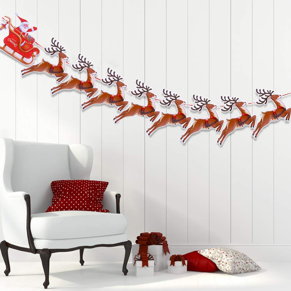 VEYLIN Christmas Reindeer Bunting, Santa Sleigh Banners for Party Decoration