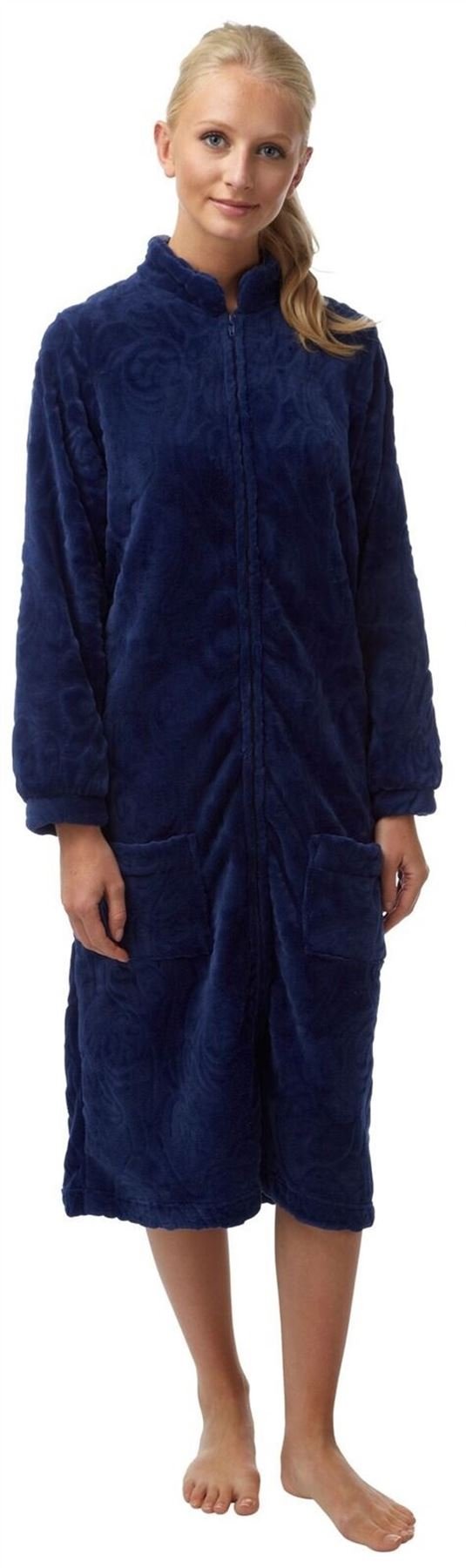 Ladies Zip Up Soft Feel Fleece Embossed Dressing Gown Zipped
