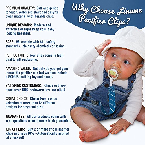 Liname Pacifier Clip for Boys with BONUS Teething Toy & eBook - 4 Pack Gift Packaging - Premium Quality & Unique Design - Pacifier Clips Fit ALL Pacifiers & Soothers - Perfect Baby Gift