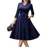 HomRain Elegant Long Sleeve Church Dress for Women V-Neck A-Line Swing Cocktail Causal Dress with Pockets