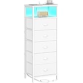 sthmec Nightstand with Charging Station,LED White Nightstands with 5 Fabric Drawers PU Finish, Bedside End Tables, 2-Tier Open Storage Shelf Side Table Nightstand with Drawers for Bedroom,White