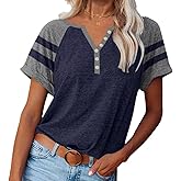 Women Henley Raglan Short Sleeve Tops Color Block Summer Tee Shirts Button Down Y2K Casual T-Shirts