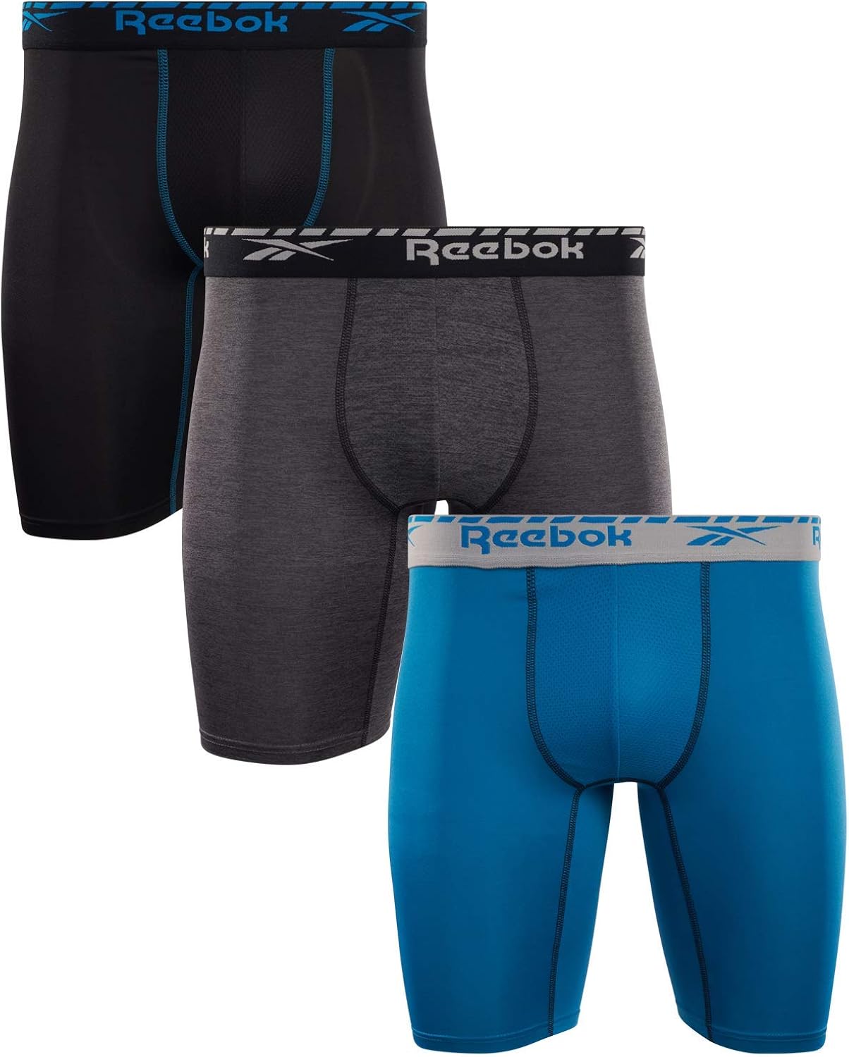 Reebok Men's Compression Long Length Performance Boxer Briefs (3 Pack
