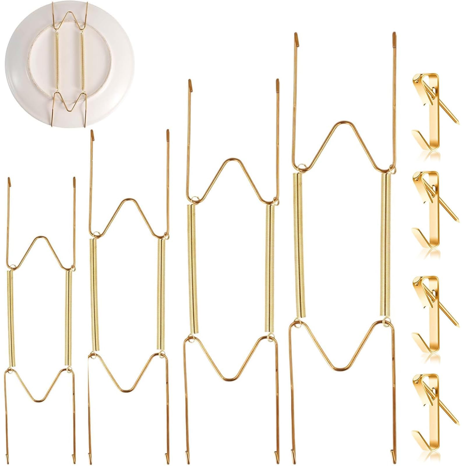 CSLGDMAI 4 PCS Plate Hangers for The Wall，Plate Hanger W Shaped Spring Hook Holder，6/8/10/12 Inch Plate Hangers with 4 Pieces Decorative Wall Hooks for Decorative Plates and Art (Glod)