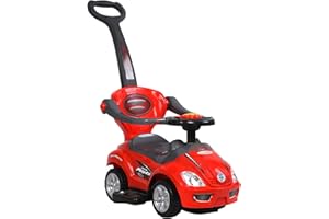 ChromeWheels 3 in 1 Ride on Toys Push Car with Guardrail, Mega Car for Toddlers, w/Handle, Horn, Music, Color Red