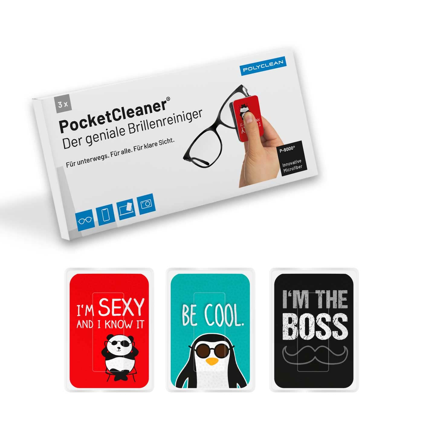 POLYCLEAN 3 x PocketCleaner® Glasses Cleaning Cloths - Practical Glasses & Screen Cleaner - Microfibre Cloth Made in Germany (3 Pieces, Sayings)