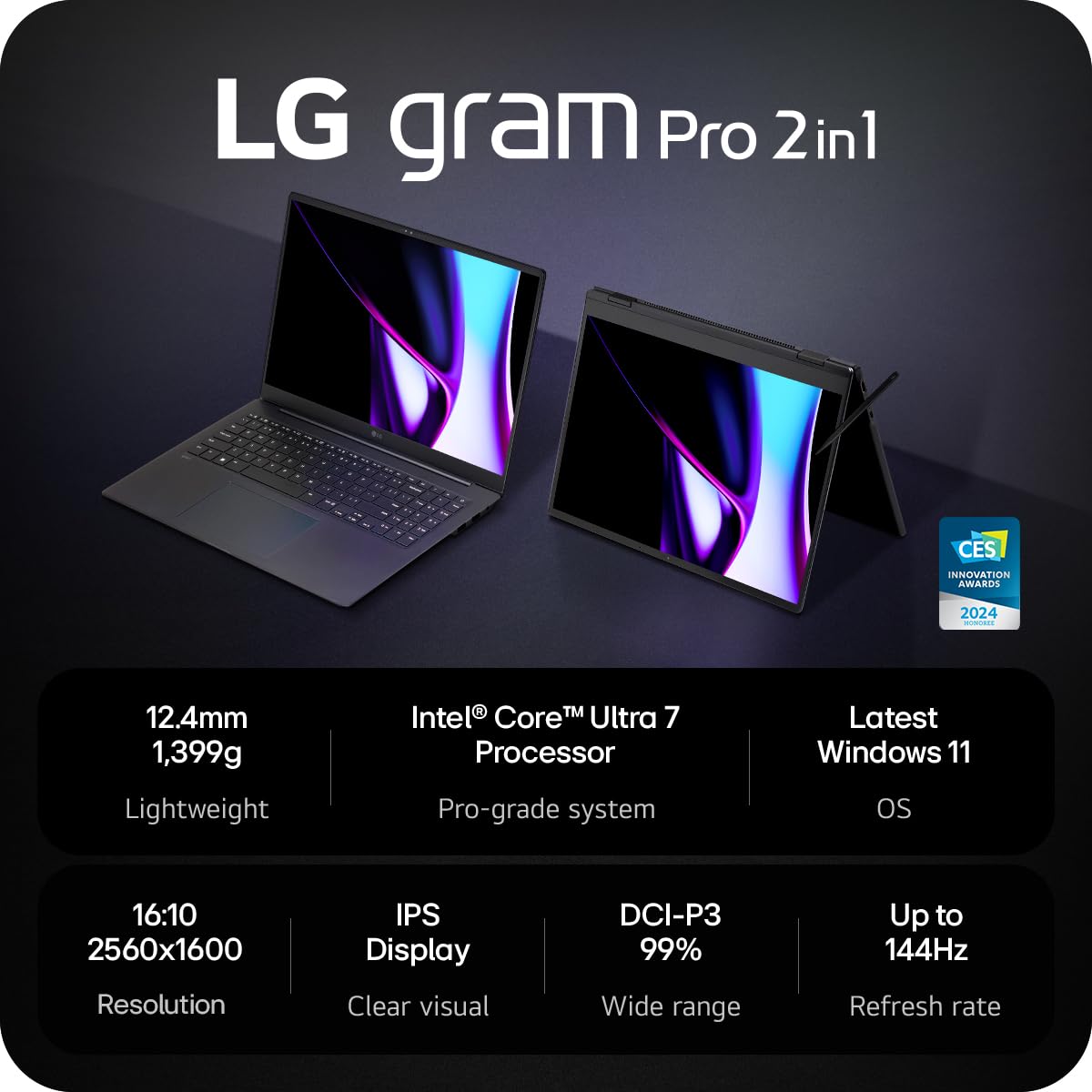 LG gram Pro 2in1 2024 16T90SP - 16 Inch 2.5K IPS Touchscreen 144Hz VRR, Ultra-Lightweight 2-in-1 Laptop, Intel Core Ultra 7 155H, 16GB RAM, 1TB SSD, Windows 11 Home, Stylus Pen, Black