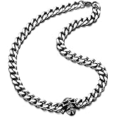 COOLSTEELANDBEYOND Mens Stainless Steel Curb Chain Skull Necklace Silver Color Gothic Style 30.3MM 22 inches