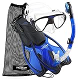 Phantom Aquatics Adult Mask Fin Snorkel Set with Mesh Bag, Blue, Large/X-Large/Size 9 to 13